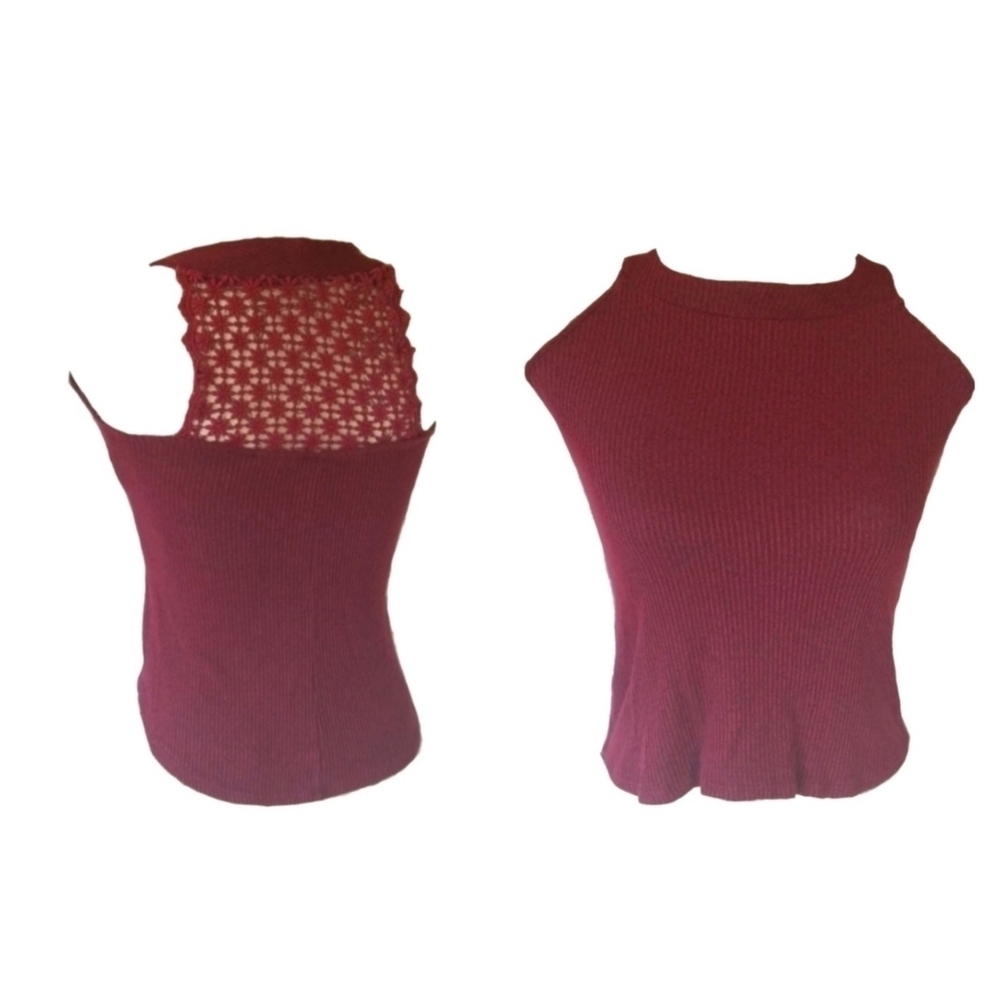 Full Tilt Crochet Knit-Back Sleeveless Top in Burgundy Red, Size M